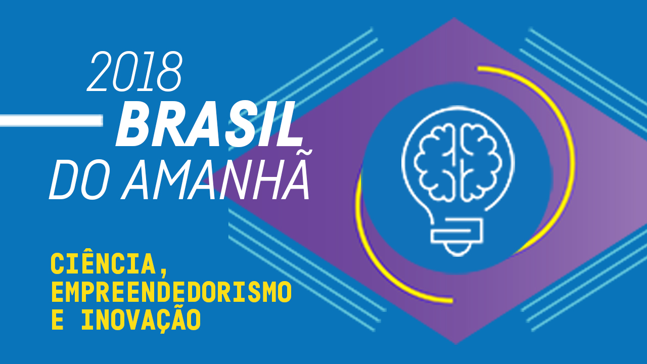 Identidade visual do evento Plataforma 2018: Brasil do Amanhã - Ciência, Empreendedorismo e Inovação com fundo azul e losango roxo