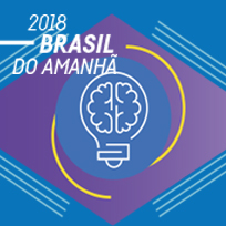 Identidade visual do evento Plataforma 2018: Brasil do Amanhã - Ciência, Empreendedorismo e Inovação com fundo azul e losango roxo