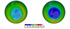 Representação da concentração de ozônio com dois globos terrestres. Globo da esquerda com dados de setembro de 1980 e globo da direita com dados de setembro de 2016